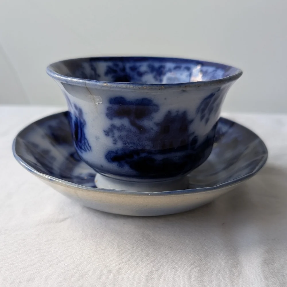 Antique J. Meir & Son England Kirkee Flow Blue Oriental Landscape Cup & Saucer